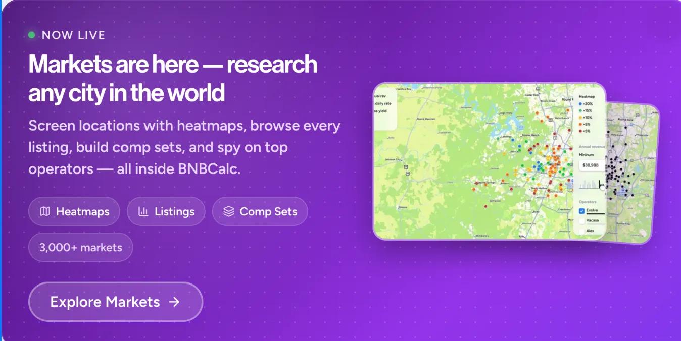 Explore BNBCalc Markets with heatmaps, listings, comp sets, and 2,300+ markets.