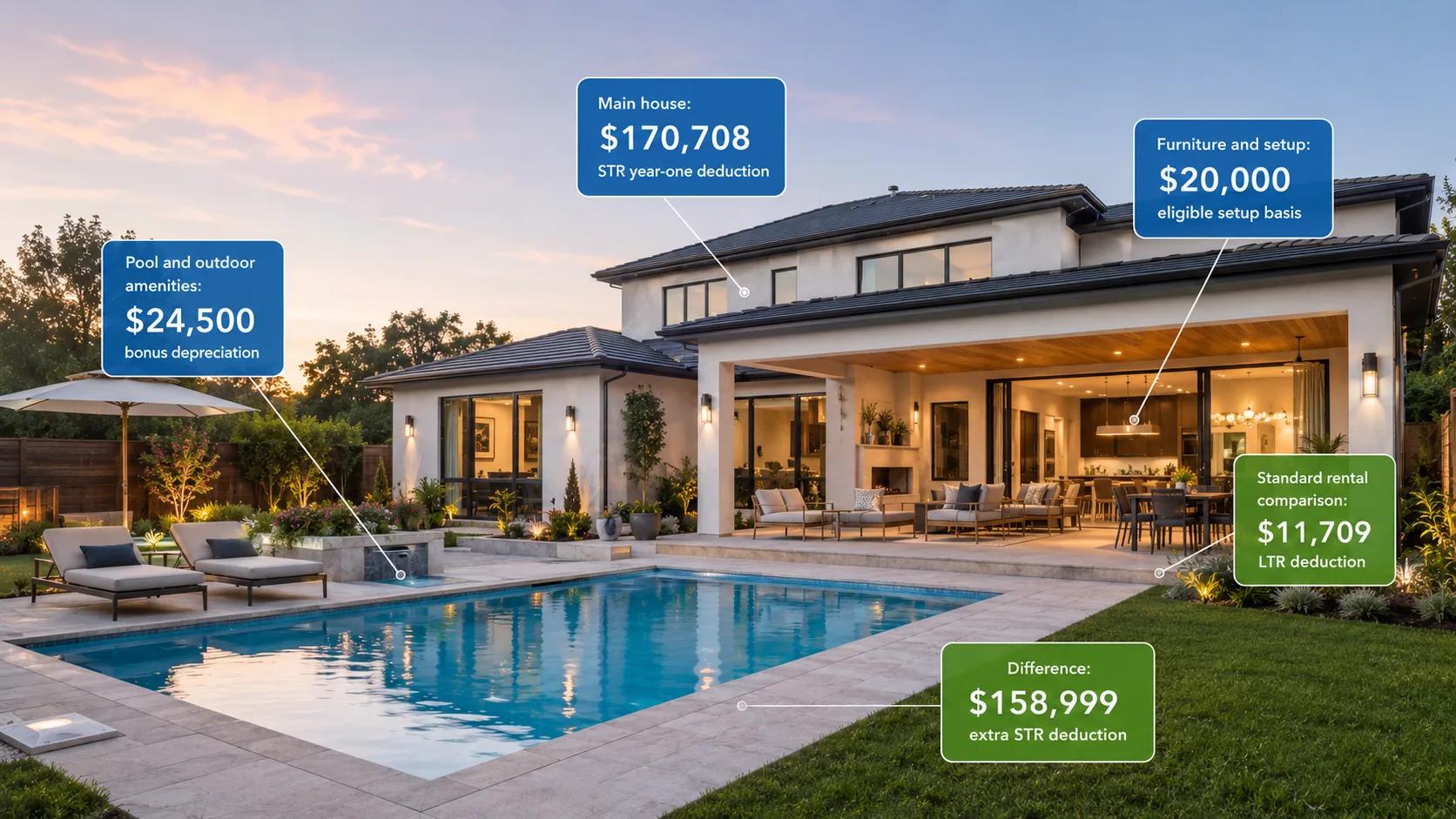 Short-term rental property with annotated tax savings callouts