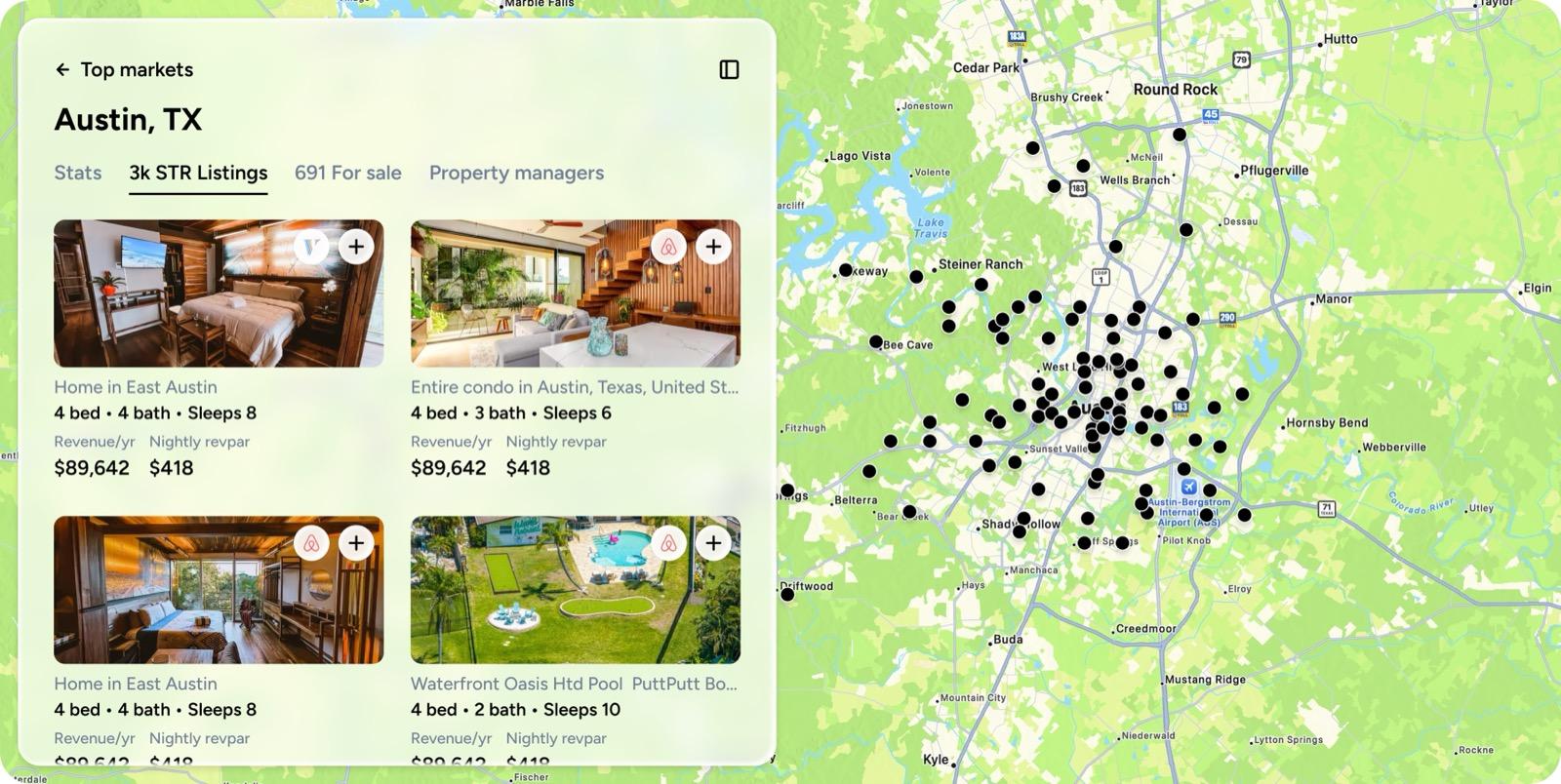 BNBCalc map and short-term rental listing directory for Austin, Texas